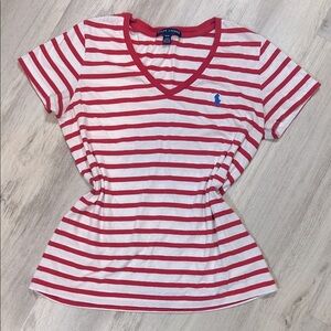 Ralph Lauren Pink & White Striped Embroidered Logo V-Neck 100%‎ Cotton Tee